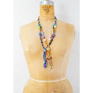 Vintage 70s set of 2 beaded colorful hippy necklaces, seed beads, glass, plastic
